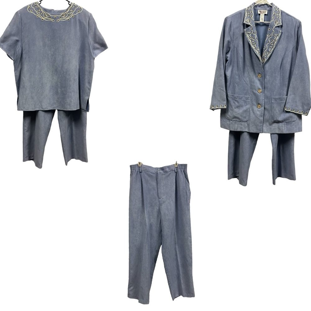 3 Piece Set Maggie Sweet Blue Sueded Pantsuit Pant Top and Blazer Womens 1X